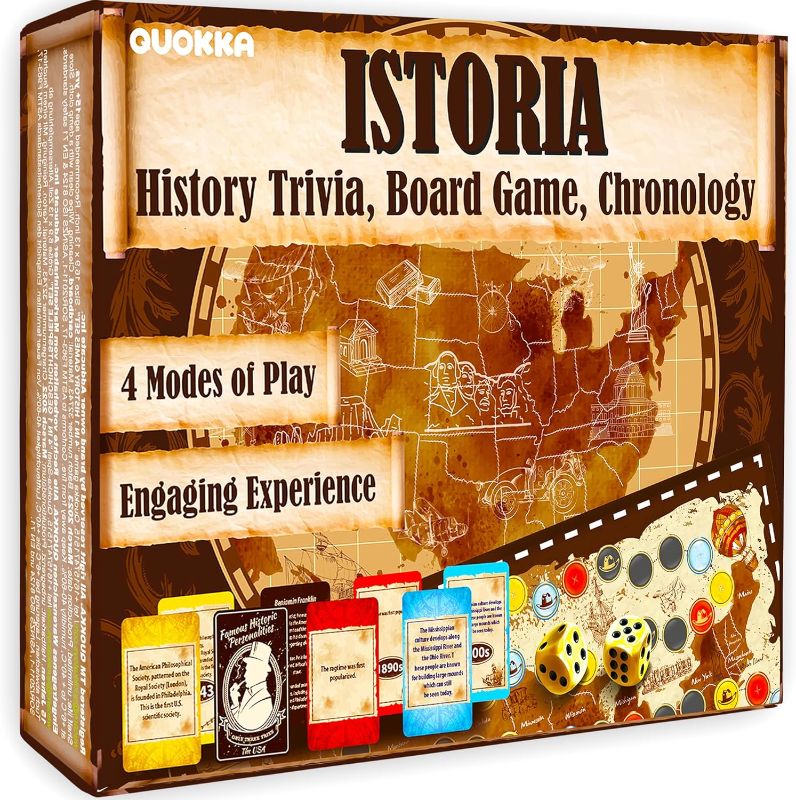 Photo 1 of Quokka 4in1 History Trivia Game for Adults - 500 Learning Cards Chronology Board Game - 2 + Players Educational Game for Family Night - Historic Personalities | History | Science
