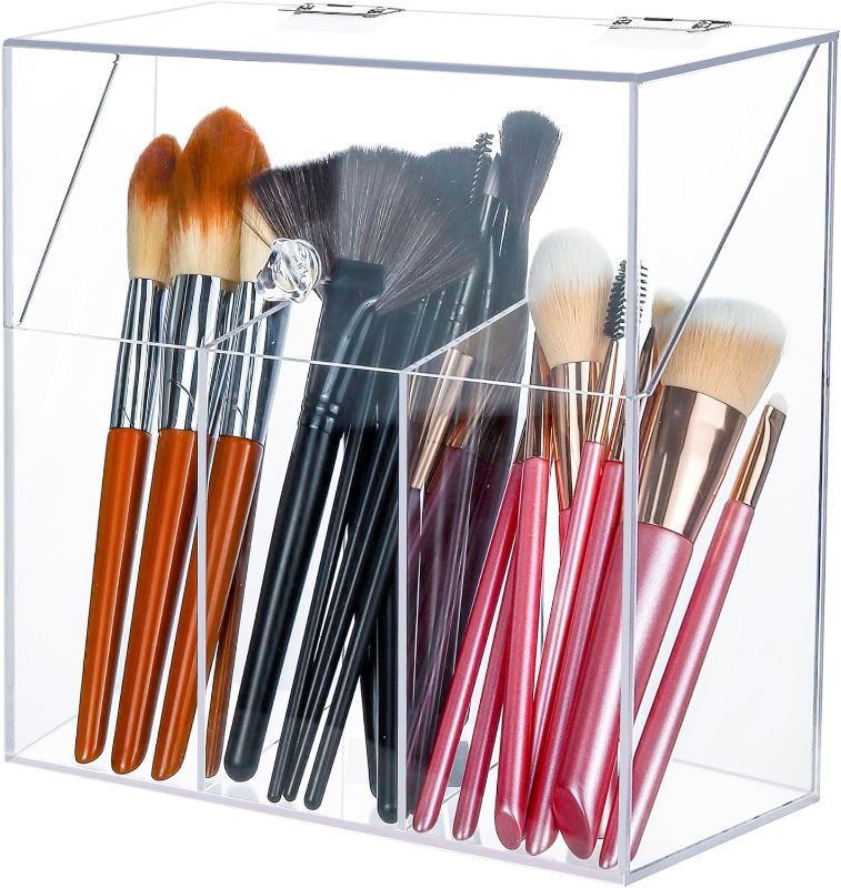 Photo 1 of  Acrylic Makeup Brush Holder with Lid - Clear Cosmetic Makeup Brush Organizer and Storage Box with Cover for Vanity - Large Capacity 3-Slots Container for Brushes (Clear)
