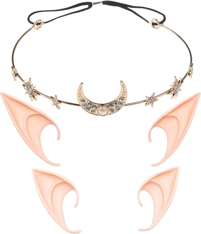 Photo 1 of Merroyal Moon Head Chain Vintage Crystal Headpieces Hair Acessories with 2 Pairs Latex Elf Ear for Women Girls