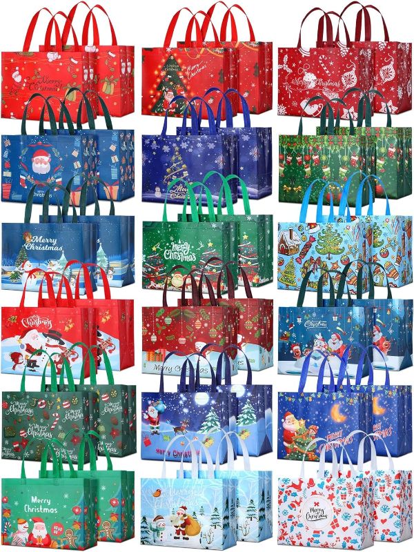 Photo 1 of 100Pcs Christmas Tote Bags Reusable Gift Bag Large Christmas Bags with Handles Grocery Shopping Totes Gift Wrap Bags for Holiday Xmas Christmas Party Favors, 