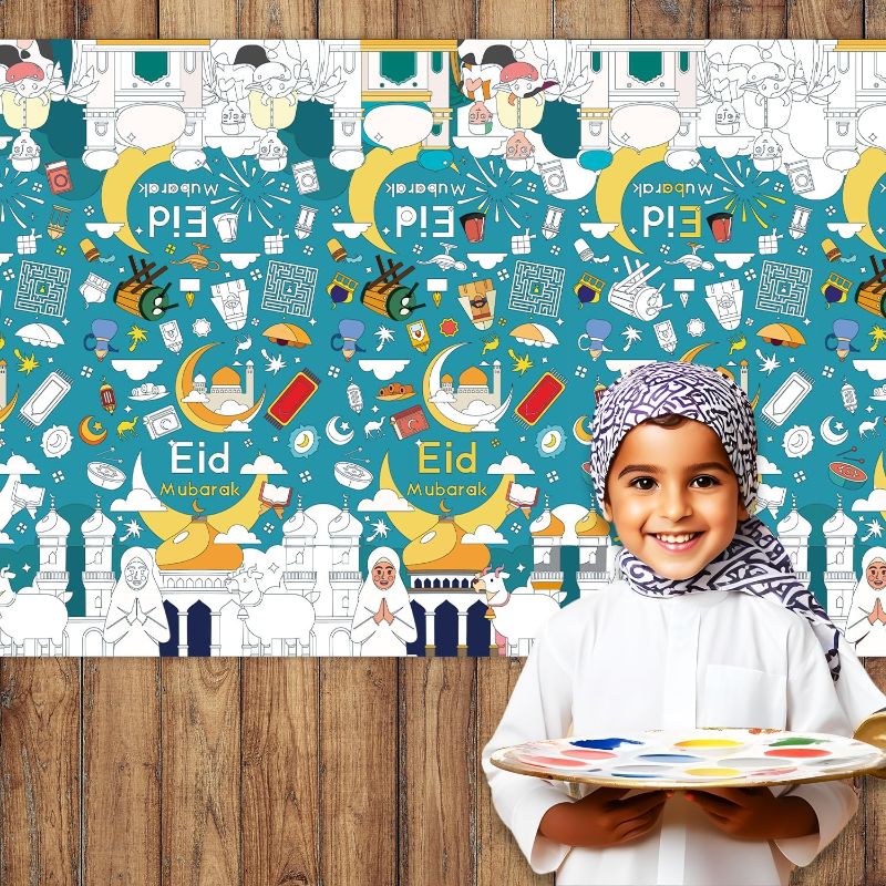 Photo 1 of 2PCS Eid Mubarak Giant Coloring Poster/Tablecloth - Moon Star Latern Crafts for Kids - 108 x 54 Inches Jumbo Paper Coloring Table cover Kids Gifts Activities Toys Party Classroom Eid Decorations 