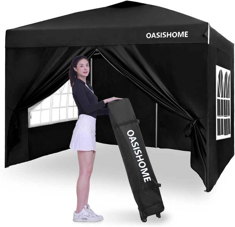 Photo 1 of OASISHOME Pop-up Gazebo Instant Portable Canopy Tent 10'x10', with 4 Sidewalls, Windows, Wheeled Bag, for Patio/Outdoor/Wedding Parties and Events (10FTx10FT, Black) 