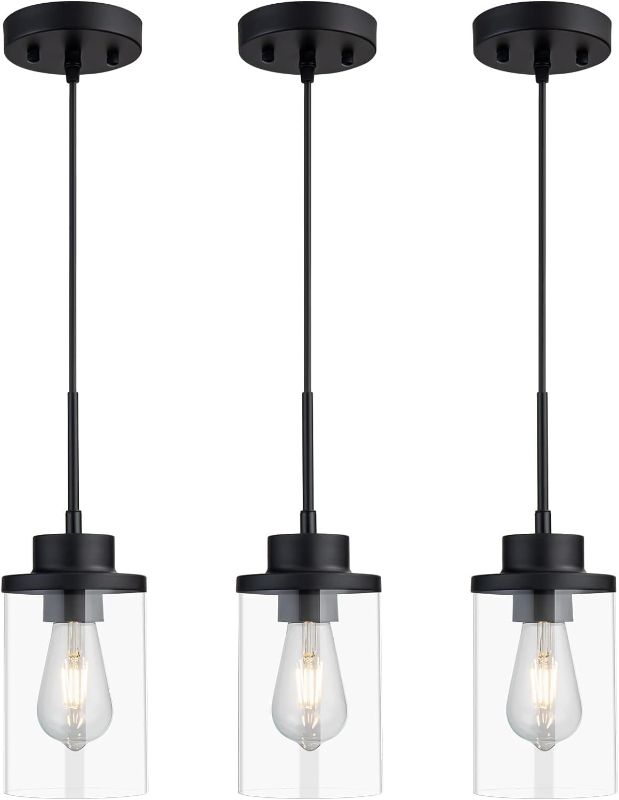 Photo 1 of DALIVOL Modern Black Farmhouse Clear Glass Cylinder Pendant Light Fixture, Single Hanging Pendant Lighting for Kitchen Island, Dining Room, Bedroom & Hallway(3 Packs)
