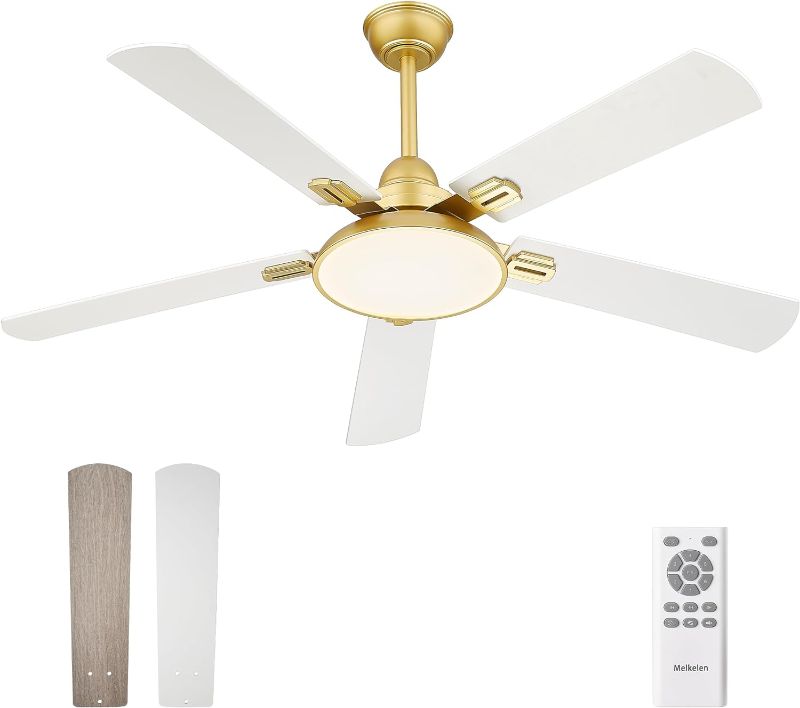 Photo 1 of Melkelen Gold Ceiling Fan, 52 Inch Ceiling Fan with Light and Remote, 5 White Blades, DC Motor, Modern Ceiling Fans with Lights for Outdoor Covered Patio Farmhouse Bedroom, MK06-GD
