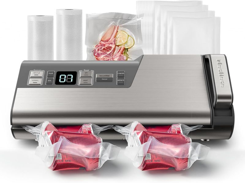 Photo 1 of Mesliese Vacuum Sealer Machine, 95kPa 140W One Hand Operation Food Sealer, Double Seal Strip with Build-in Cutter & Countdown Display, 2 Bag Rolls, 5PCS Pre-cut Bags, PULSE & Marinate Enabled 