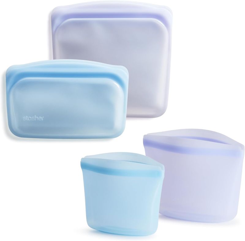 Photo 1 of Stasher Reusable Silicone Storage Bag, Food Storage Container, Microwave and Dishwasher Safe, Leak-free, Bundle 4-Pack, Blue + Lavender https://a.co/d/4cchgpQ