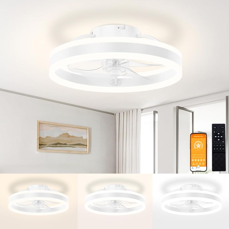 Photo 1 of VOLISUN Fandelier Ceiling Fans with Lights and Remote, 15.7in Low Profile Ceiling Fan Flush Mount, 3000K-6500K Dimmable Bladeless LED Fan Light, White Modern Ceiling Fans with Lights for Bedroom