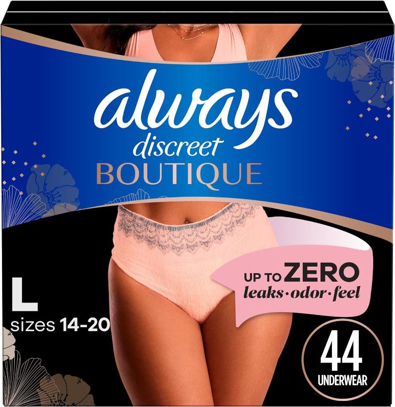 Photo 1 of Always Discreet Boutique Adult Incontinence and Postpartum Underwear for Women, Maximum Protection, L, Rosy, 44 Count (Packaging May Vary)
