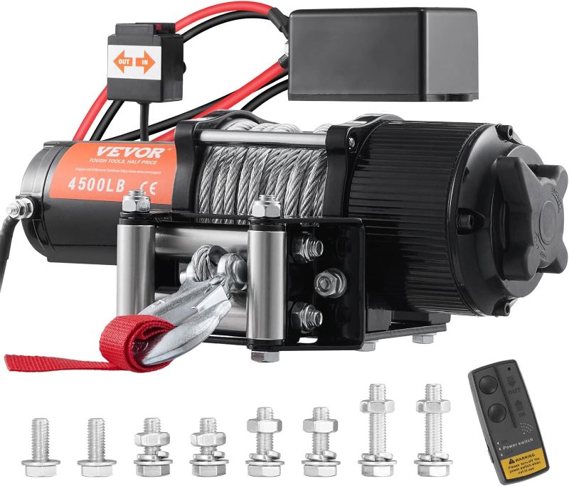 Photo 1 of VEVOR Electric Winch, 12V 4500 lb Load Capacity Steel Rope Winch, IP55 1/4” x 39ft ATV UTV Winch with Wireless Handheld Remote & 4-Way Fairlead for Towing Jeep Off-Road SUV Truck Car Trailer Boat

