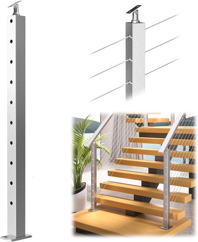 Photo 1 of Muzata Stair Post 36"x2"x2" Fit for 25-35 Degrees Stairway Adjustable Top Cable Railing Post Top Mount Stainless Steel 
