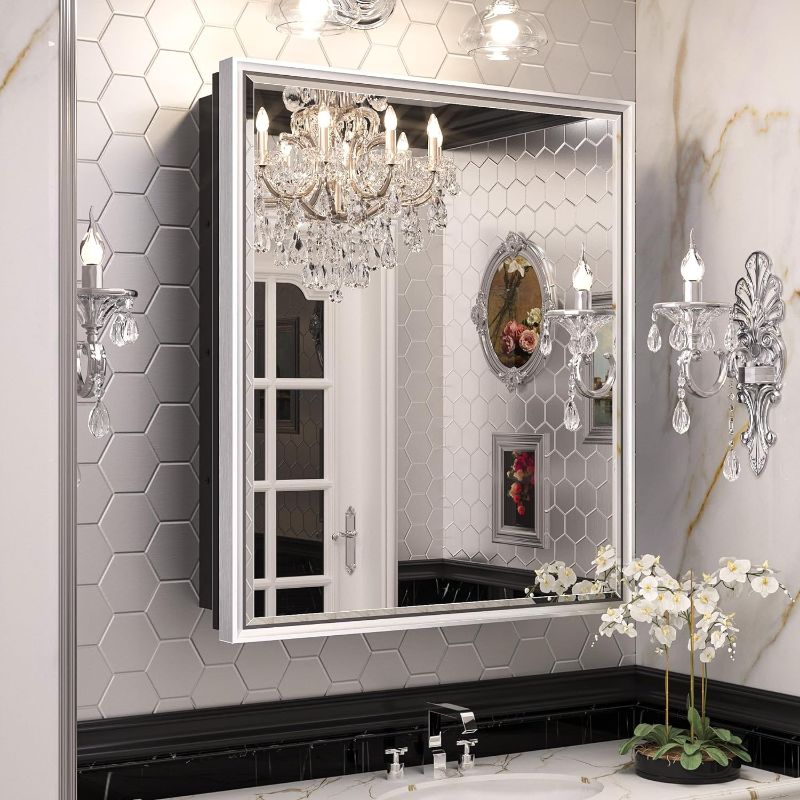 Photo 1 of Keonjinn 24” x 30” Brushed Nickel Bathroom Medicine Cabinets with Mirror, Recessed or Surface Wall-Mounted Aluminum Alloy Framed Beveled Bathroom Mirror, Silver Bathroom Mirror with Storage Cabinet
