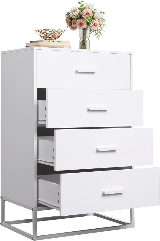 Photo 1 of WLIVE Wood Dresser for Bedroom with 4 Drawers, Nightstand, Chest of Drawers, Tall Dresser Drawers with Sturdy Metal Frame for Hallway, Living Room, Closet, White
