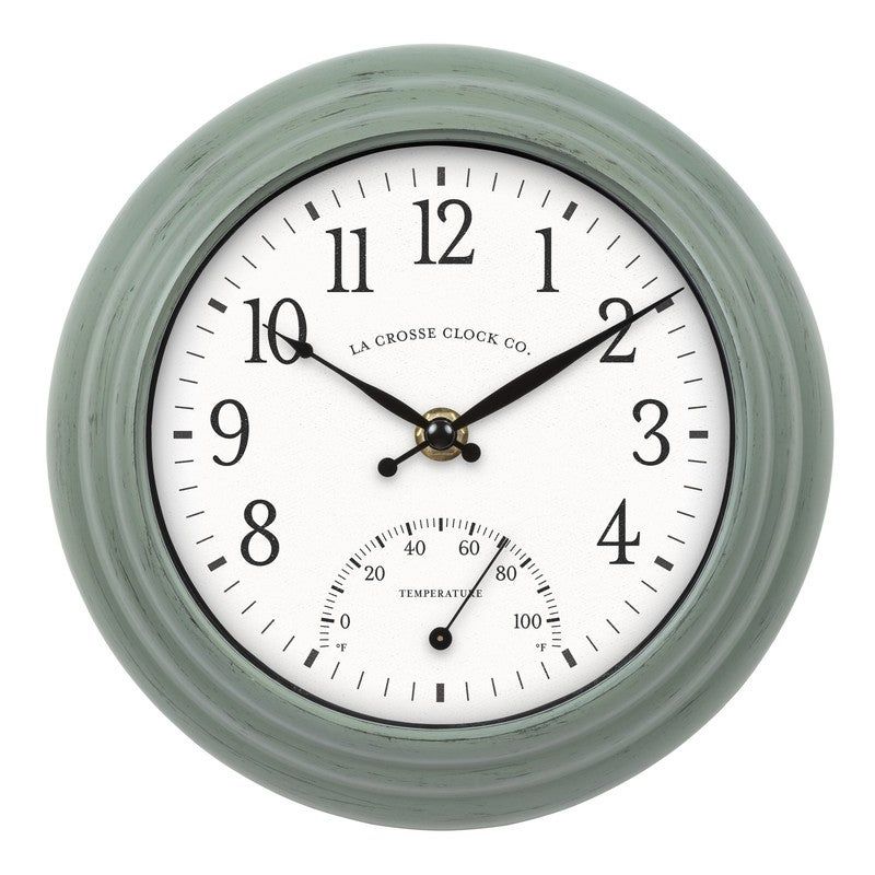 Photo 1 of La Crosse Clock 8 in. Outdoor Sage Green Quartz Clock W/ Temp
