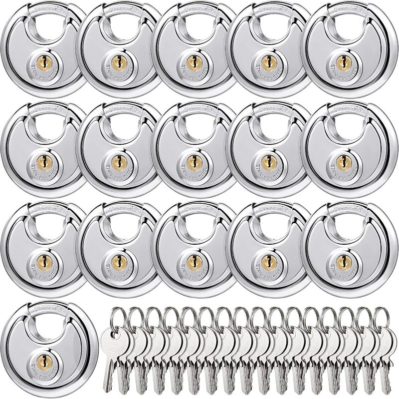 Photo 1 of 16 Pack Padlocks Alike Keyed, Stainless Steel Pad Locks with Same Key Discus Lock 2-3/4 Inch Wide 3/8 Inch Diameter Shackle, Disc Lock for Outdoor Use, Storage Unit, Sheds, Garages and Fence
