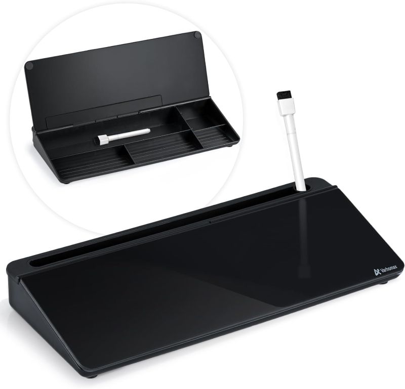 Photo 1 of Varhomax Glass Desktop Whiteboard for Home Office and School - Dry Erase Memo Pad with Storage Caddy (Black)
