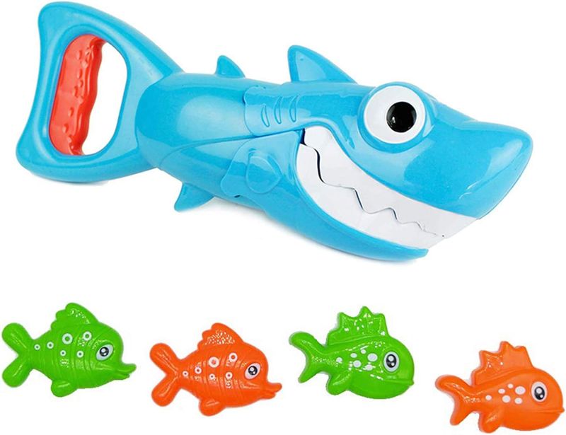 Photo 1 of INvench Shark Grabber Baby Bath Toys - Blue Shark with Teeth Biting Action Include 4 Toy Fish - Bath Toys for Kids Ages 4-8 Boys Girls Toddlers Pool Toys
