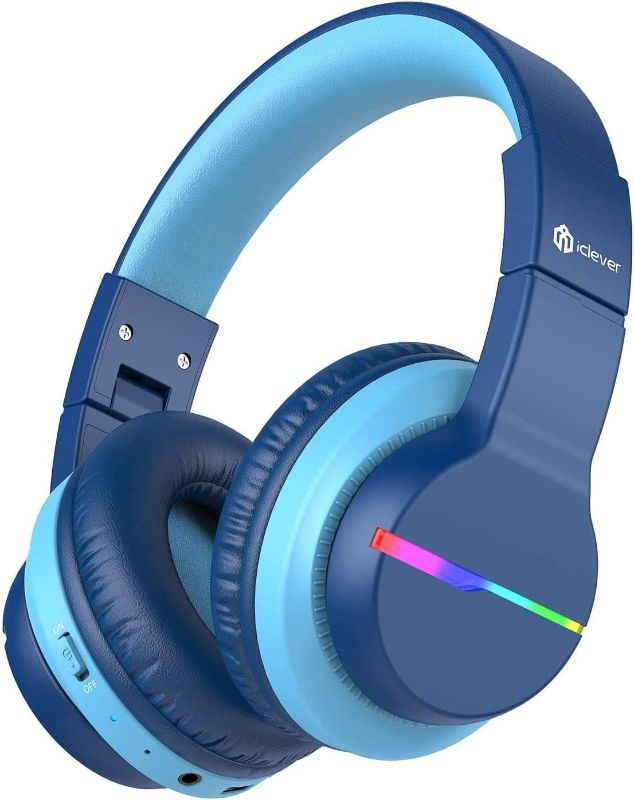 Photo 1 of iClever BTH12 Kids Bluetooth Headphones,Colorful LED Lights Wireless Headphones,74/85/94dB Volume Limited,55H Playtime,Bluetooth 5.2,Over Ear Headphones Built-in Mic for iPad/Tablet/Airplane,Blue
