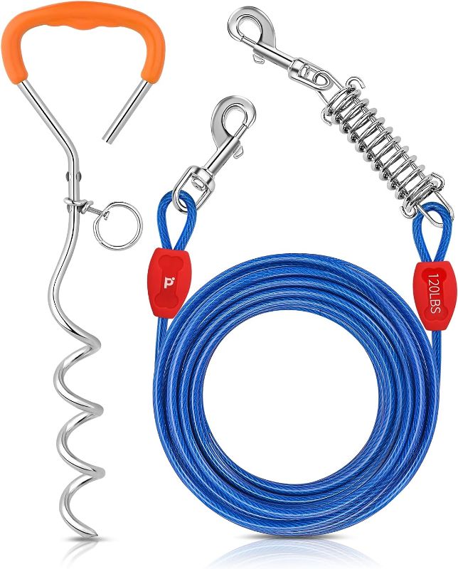 Photo 1 of Petbobi Dog Tie Out Cable and Stake - 30FT Heavy Duty Cable with Spring - No Tangle, 16-inch Ground Stake - Ideal for Yard, Camping, and Beach - Suitable for Medium to Large Dogs Up to 120 lbs, Blue 