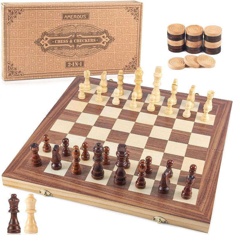 Photo 1 of AMEROUS 15'' Wooden Chess & Checkers Set, 2 in 1 Board Games -2 Extra Queens -24 Cherkers Pieces - Gift Box Packed - Chessmen Storage Slots, Beginner Chess Set for Kids and Adults