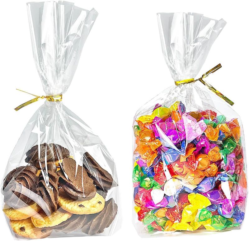 Photo 1 of PigPotParty 6"x 9", 50Pcs Bottom Gusset Bags, Clear Cello Cellophane Plastic Treat Goodie Bags with 50x Twist Ties for Small Gift Party Favors, Cookie, Candy, Popcorn (No Side Gusset)