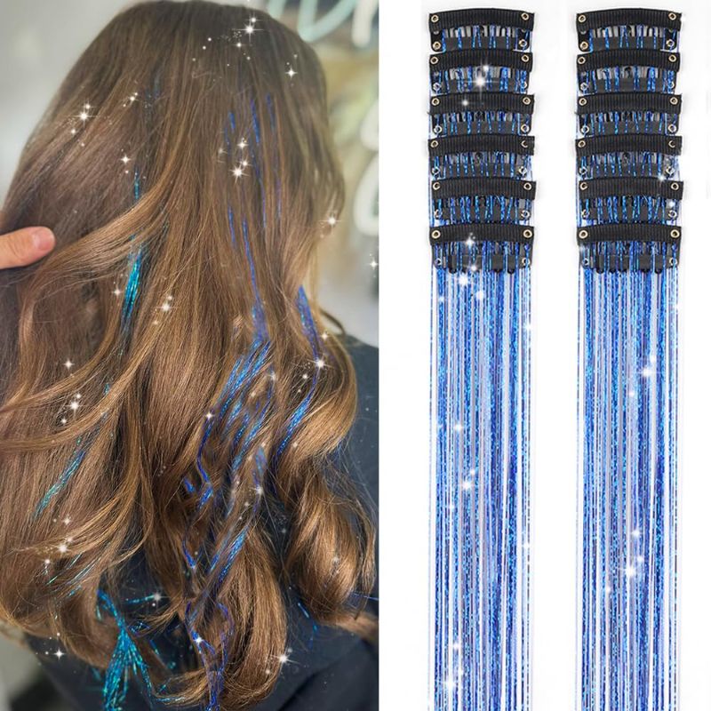Photo 1 of Umylar Clip in Hair Tinsel,Pack of 12 Pcs,20 Inch Glitter Blue Tinsel Hair Extensions, Festival Gift Tinsel Fairy Hair Party Dazzle Hair Accessories Strands Kit(12Pcs,Sapphire blue#)