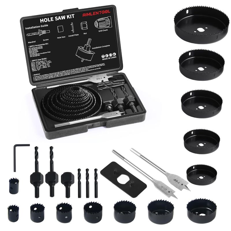 Photo 1 of AIMLENTOOL Hole Saw Set, 26PCS Hole Saw Kit with 3/4" to 5" (19mm-127mm) Saw Blades, Spade Drill Bit, Mandrels, Drill Bits, Installation Plate,Hex Key with Storage Box for Soft Wood, Plastic,PVC Board 