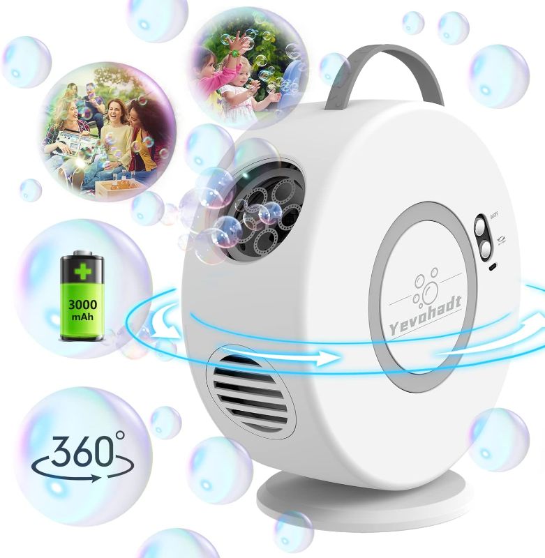 Photo 1 of Bubble Machine for Kids Toddlers,Automatic Bubble Blower Rechargeable, 90° 360° Auto Rotatable Portable Bubble Maker Electric Bubbles Toy for 3 4 5 Year Old, Outdoor Wedding Party Birthday Gifts