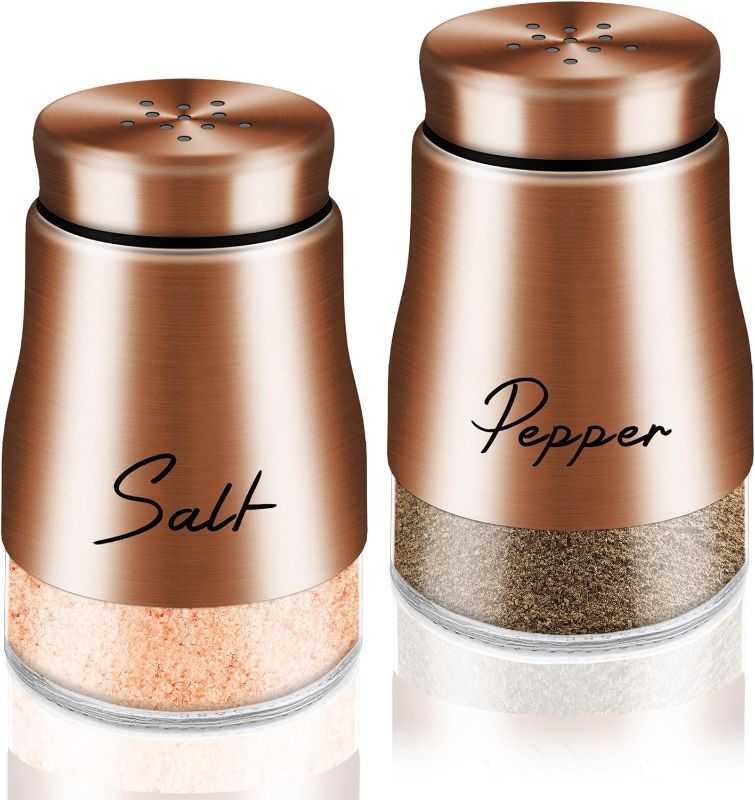 Photo 1 of Copper Salt and Pepper Shakers Set, 5 oz Glass Bottom Salt Shaker with Stainless Steel Lid Modern Farmhouse Kitchen Decor and Accessories for Restaurant, Wedding, Housewarming Gifts (Copper) 