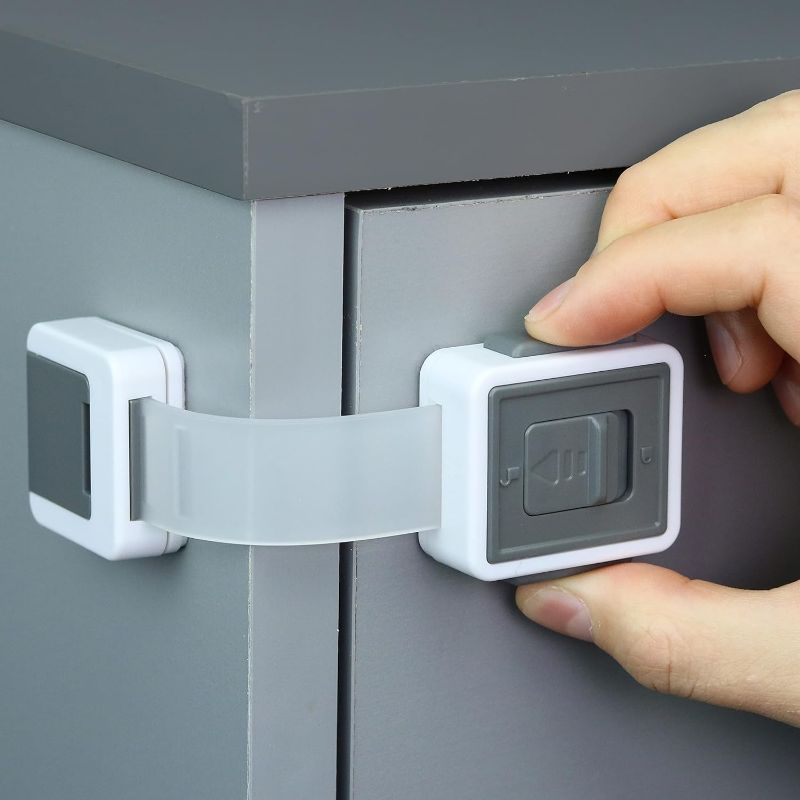 Photo 2 of New Version Child Safety Locks 4-Pack. Baby Proof Cabinets, Drawers with Easy Adjustable Strap Length, Double Lock Option, Easier Latch for Adults to Open. Secure Oven, Refrigerator, Toilet, Doors 
