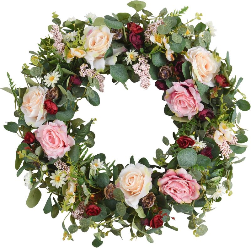 Photo 1 of WANNA-CUL 24 Inch Large Spring Rose Flower Wreath for Front Door,Pink and Wine Red Floral Door Wreath with Eucalyptus Leaves for Wedding, Wall, Home Decorations