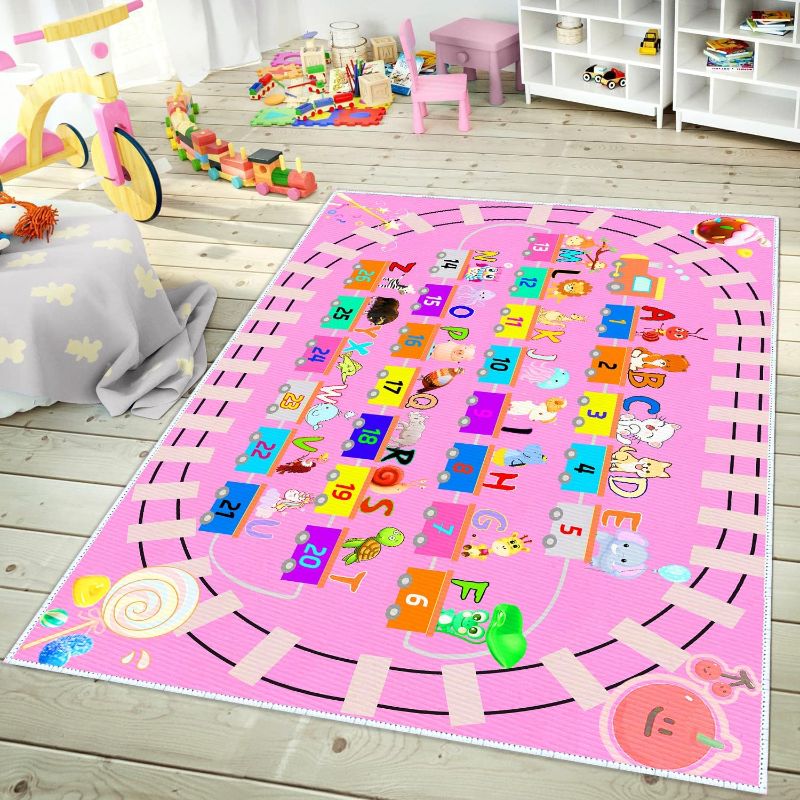 Photo 1 of DoRlPIeY Kids ABC Pink Play Rug, Girl Alphabet Rugs with Numbers Animal Train and Road Shapes Learning Fun Educational Carpet, Playmat for Kid Bedroom Playroom 31x47 in Small Pattern 