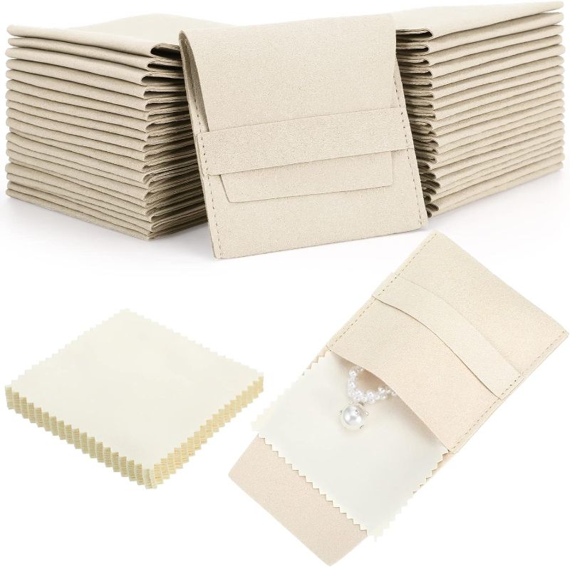 Photo 1 of 120 Pcs Microfiber Jewelry Pouch 8x8cm Jewelry Packaging Bag Luxury Gift Fixed Strap Envelope Style Packaging with Jewelry Cleaning Cloth for Earrings Necklace Packaging (Beige) 