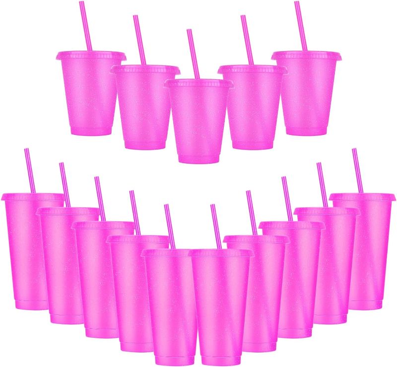 Photo 1 of 15 Pack Plastic Tumblers with lids and Straw, 10 Pack Reusable Cups with Lids and Straw for Adults (24 oz) and 5 Pack Kids Cups with Lids and Straws (17 oz) Travel Mug Tumbler Bulk for Party, Pink