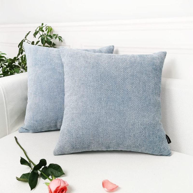 Photo 1 of Booque Valley Pack of 2 Rough Chenille Pillow Covers?Thick Texture Solid Rustic Farmhouse Cushion Covers Square Throw Pillow Cases for Sofa Bedroom 18 x 18 Inch Light Blue 