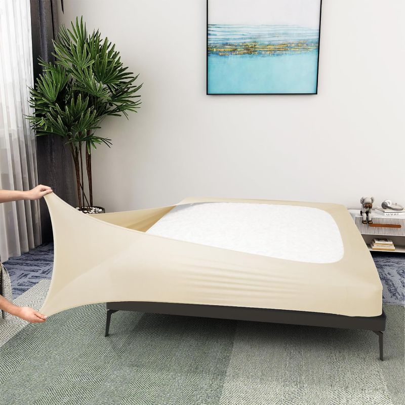 Photo 1 of Box Spring Cover King Size - Jersey Knit & Stretchy Wrap Around 4 Sides Bed Skirt for Hotel & Home - King/Cal King, Beige 