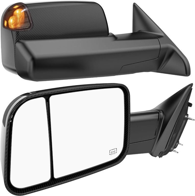Photo 1 of Smoked Power Heated Tow Mirrors Compatible with 2009-2018 Dodge Ram 1500, 2010-2018 2500 3500, Flip Up Extended Trailer Towing Side Mirrors with Puddle Light, Carbon Gray Housing
