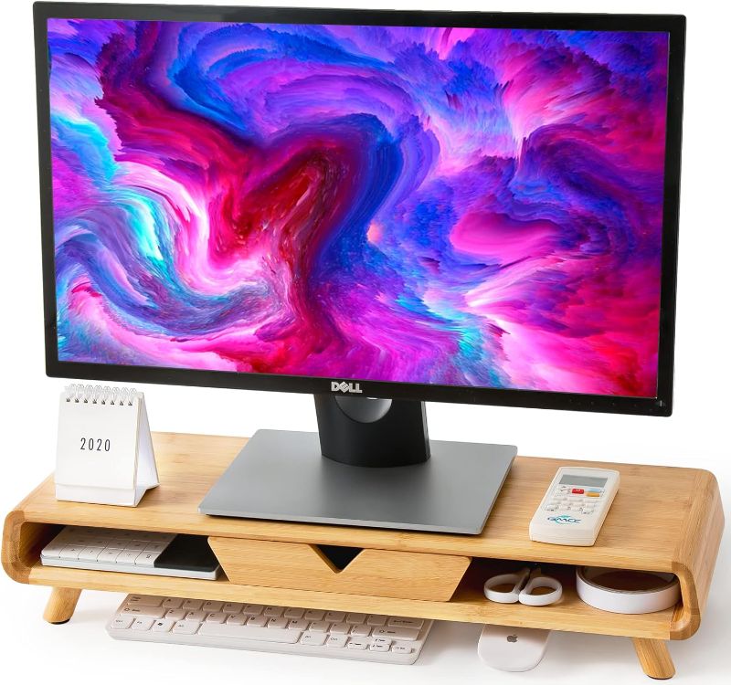 Photo 1 of Homerays Bamboo Monitor Stand Riser, No Assembly Required Exquisite Monitor Stand with Drawer Ergonomic Height Wood Monitor Stand
