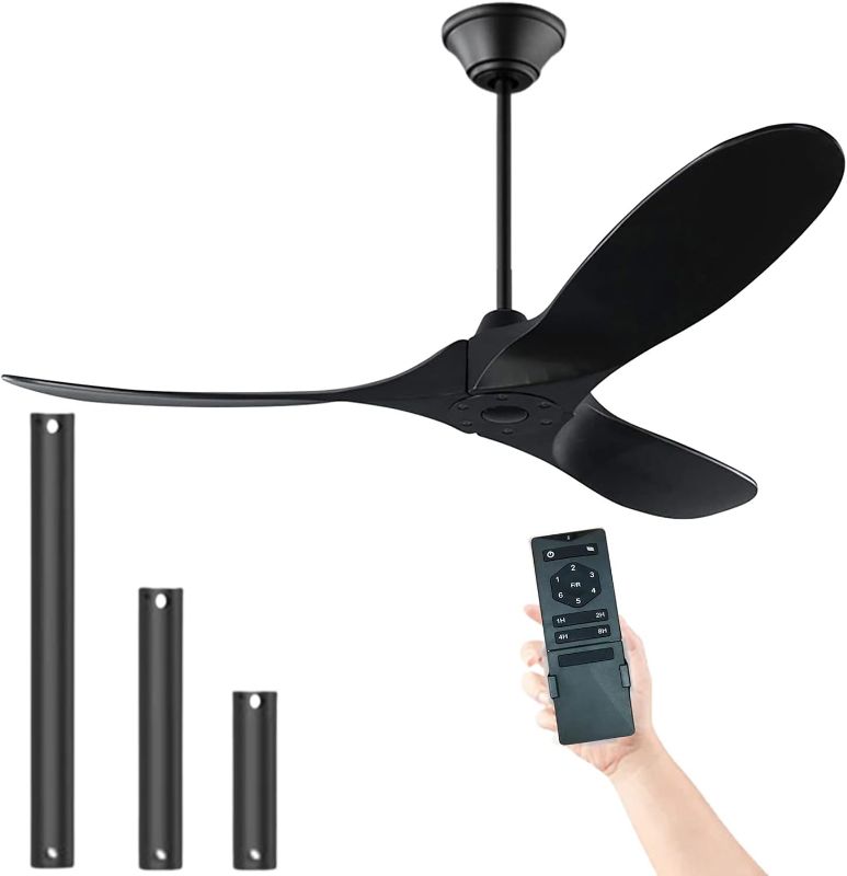 Photo 1 of Black Ceiling Fan No Light 52" Wood Ceiling Fan with Remote, Outdoor Ceiling Fan for Patio, 3 Blade Large Airflow Indoor Outdoor Damp Rated Propeller Ceiling Fan for Bedroom Exterior Porch Gazebo
