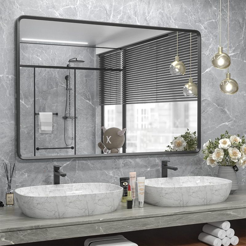 Photo 1 of 48x32 Black Bathroom Mirror for Wall, Matte Black Metal Framed Rectangle Bathroom Vanity Mirror, Rounded Corner, Anti-Rust, Shatterproof (Horizontal/Vertical)
