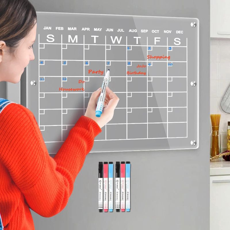 Photo 1 of HTTW Magnetic Fridge Calendar - Clear Acrylic Dry Erase Board with 6 Markers and 6 Strong Magnets - Stay Organized with This 12x16 inch Calendar for Fridge