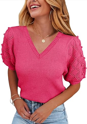 Photo 1 of Carryvicty Women's Puff Short Sleeve Sweater Tops Spring Crew Neck Dot Knit Lightweight Pullover Shirt 