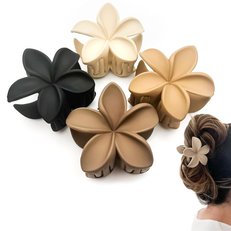 Photo 1 of 2 PACK- Luvearo 4pc Nonslip Matte Flower Hair Clips for Women Thick/Thin Hair Accessories for Women Neutral Flower Cute Claw Clips Variety Pack Plumeria Hair Clip