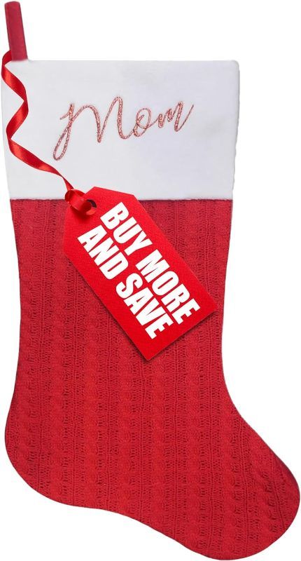Photo 1 of 15” Large Christmas Stockings with Hanging Loop - Red Mom Christmas Stocking with Metallic Embroidery and Fleece Cuff - Stockings Christmas Tree Decorations - Family Stockings for Christmas