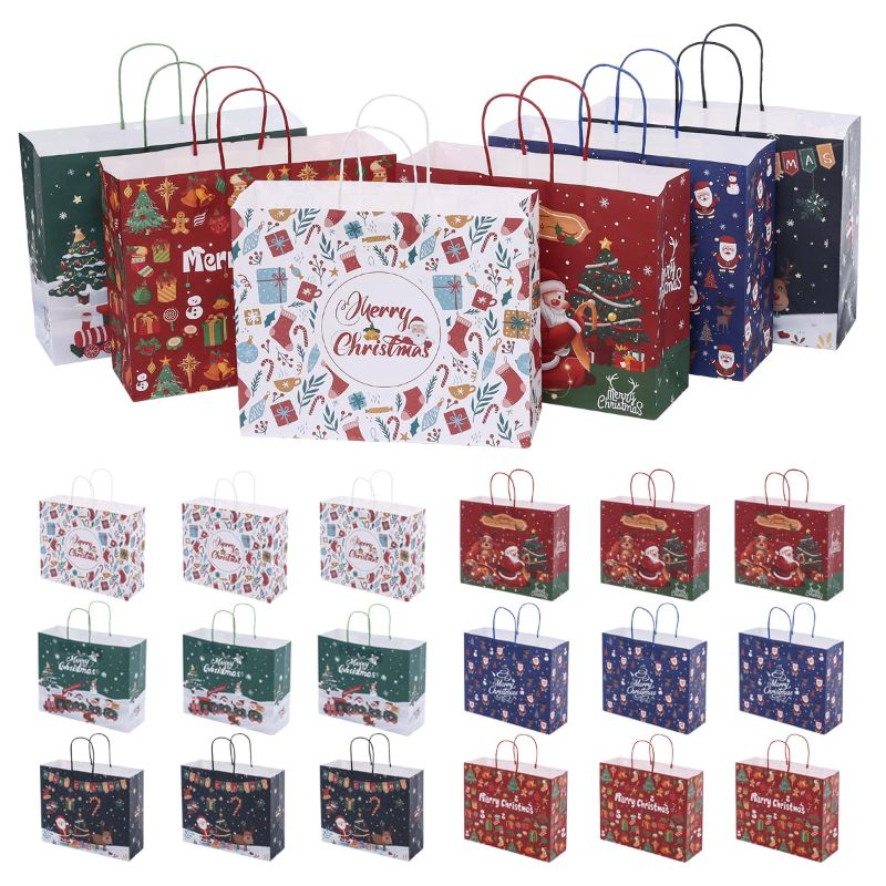 Photo 1 of zjdbset 24PCS Large Kraft Christmas Gift Bags with Handles,Big Reusable Christmas Gift Bags with Merry Christmas Pattern,Xmas Tote Bags for Party Favors and Surprise(12.6 * 10.3 * 4.3inch)