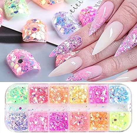 Photo 1 of 12 Colors Holographic Chunky Glitter Sequins, Iridescent Mermaid Flakes Colorful Glitter Flakes for Body, Face, Nail, Eye, Wedding, Festival, Party Decoration Cosmetics Glitter Art Makeup 