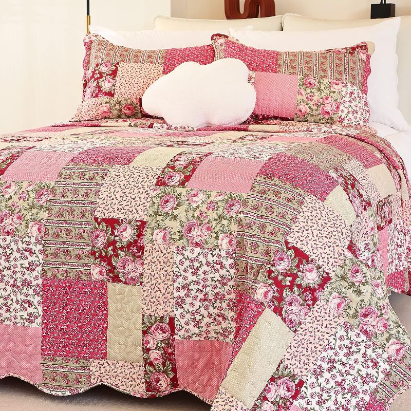 Photo 1 of  Summer Floral Queen Quilted Bedspread,Romantic Pink Quilt
