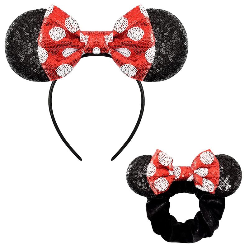 Photo 1 of 2 Pack Black Mouse Ears Headband and Sparkle Sequins Red Velvet Hair Bows Scrunchies Soft Elastic Hair Bands, Rubber Bands Ponytail Holder Ties for Girls Women Adult Kids Headwear Costume
