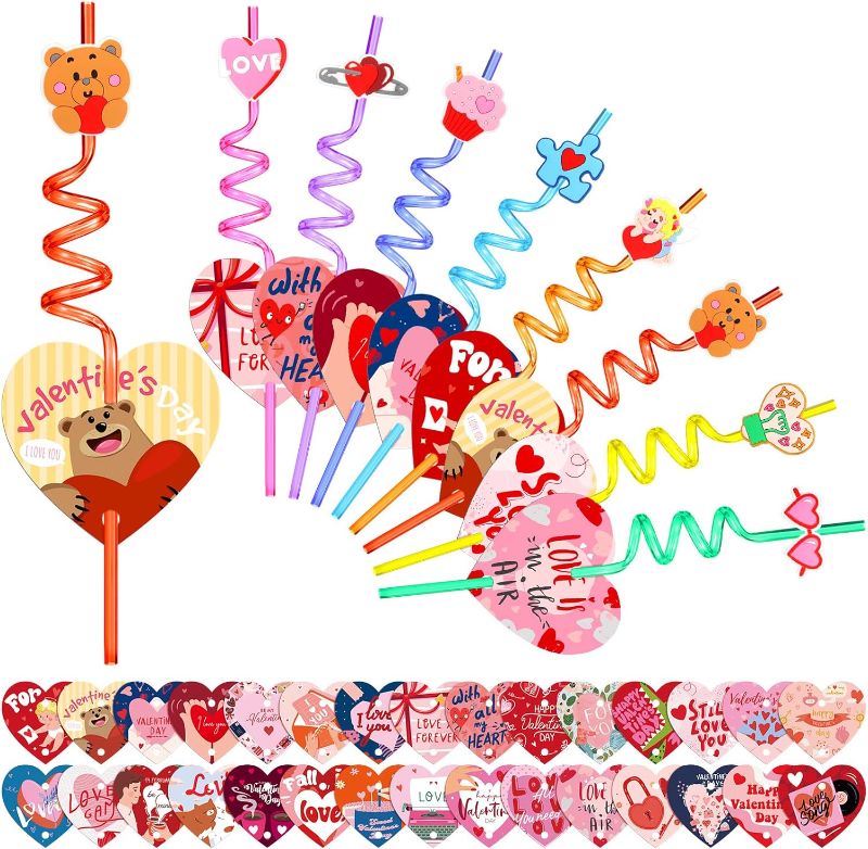 Photo 2 of 96 Pcs Valentines Day Gifts for Kids 32 Valentines Crazy Straw 32 Heart Shaped Valentine's Day Cards and 32 Valentine Heart Slices for School Classroom Exchange Prizes Valentine Party Favors