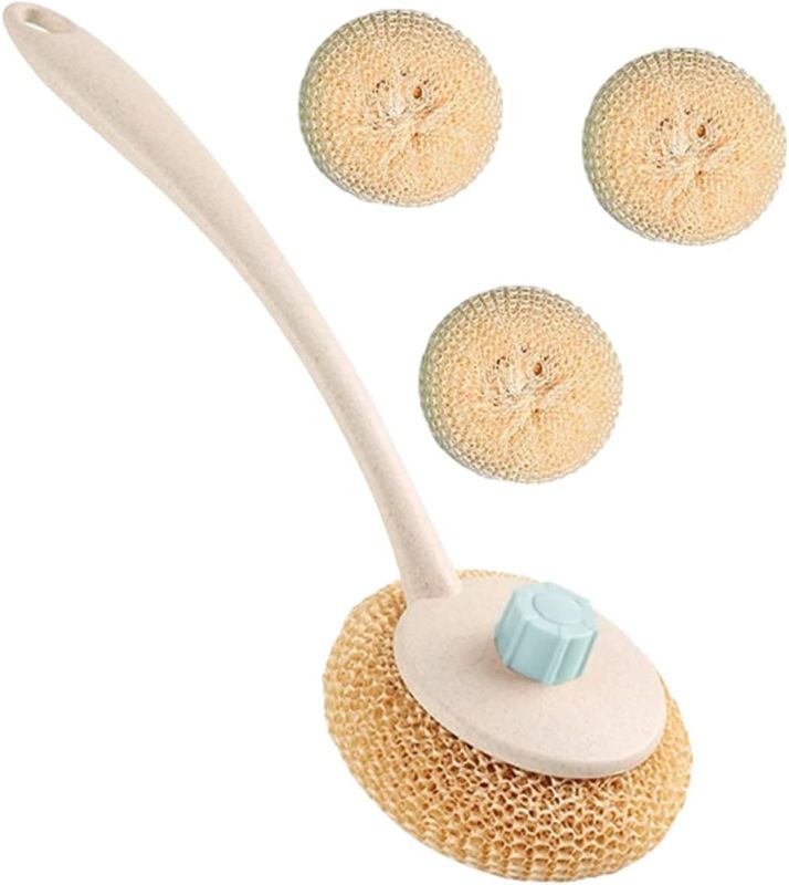 Photo 1 of 1 Set Kitchen Brush sponges for Cleaning mesh scouring Dish Pads Dish scrubbing Handle Dish Brush Sink Cleaning Brush Kitchen Pot Brush Pan Brush Straw Household Long Handle Brush
