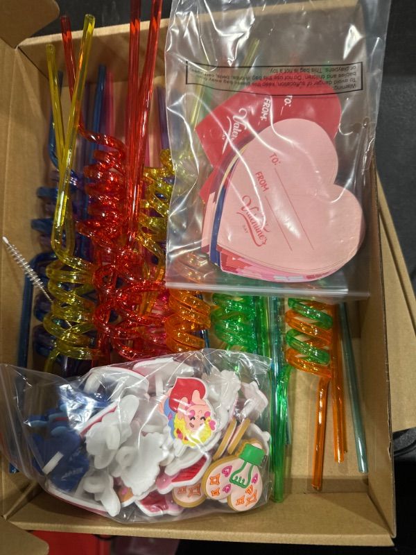 Photo 2 of 96 Pcs Valentines Day Gifts for Kids 32 Valentines Crazy Straw 32 Heart Shaped Valentine's Day Cards and 32 Valentine Heart Slices for School Classroom Exchange Prizes Valentine Party Favors